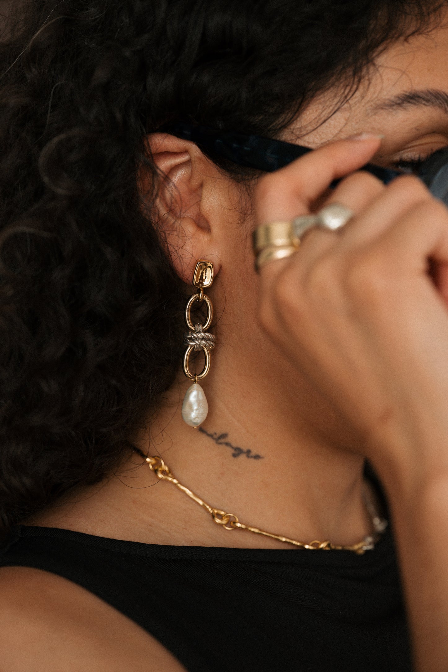 Mixed Metal Drop Pearl Earrings