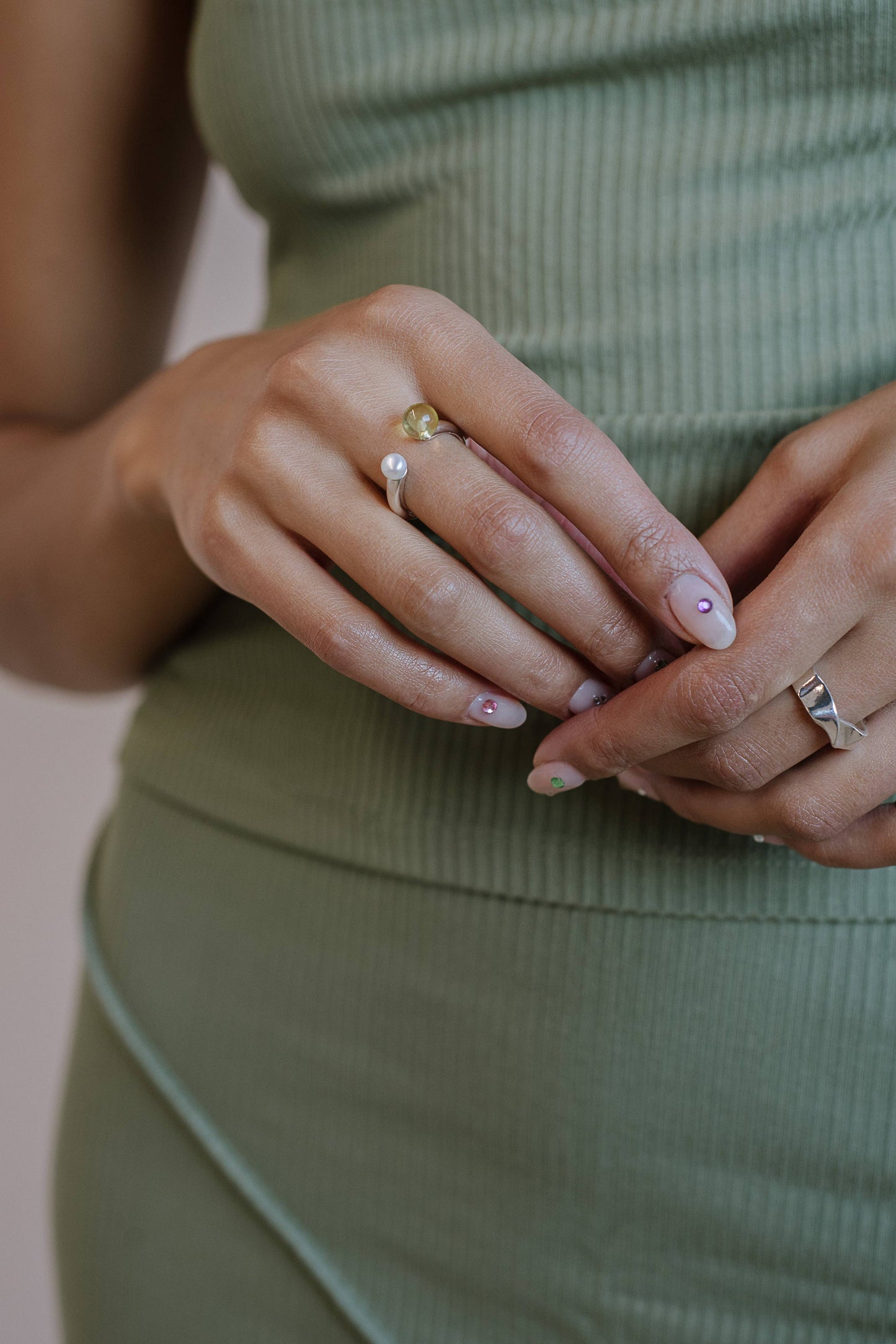 Open Ring in Lemon Green Quartz + Pearl