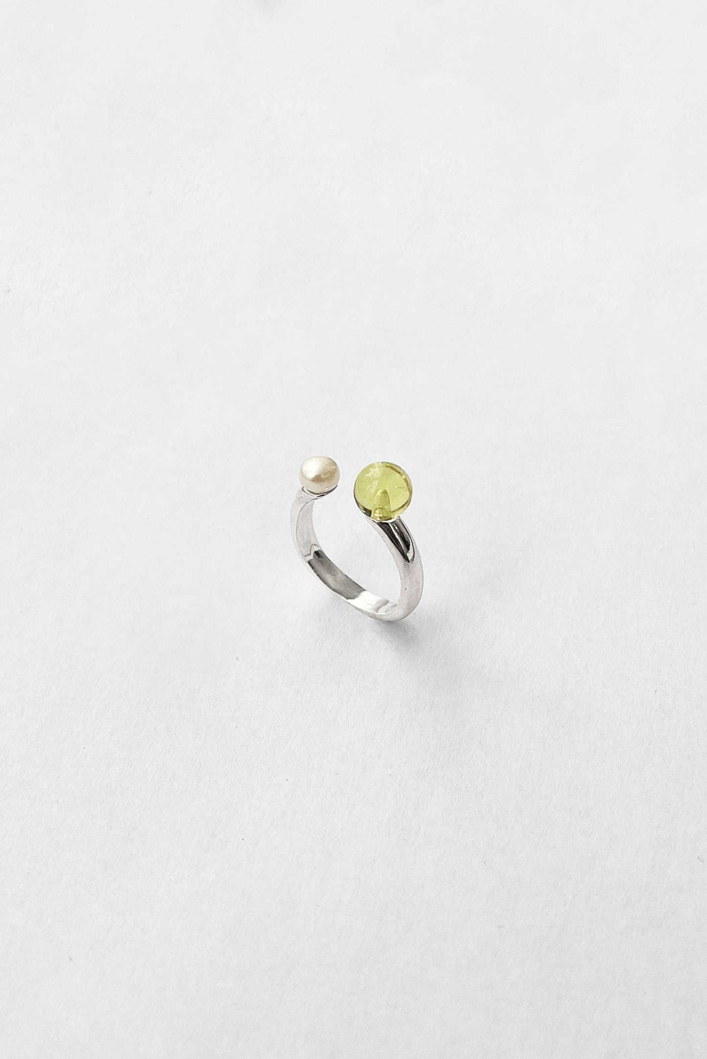 Open Ring in Lemon Green Quartz + Pearl