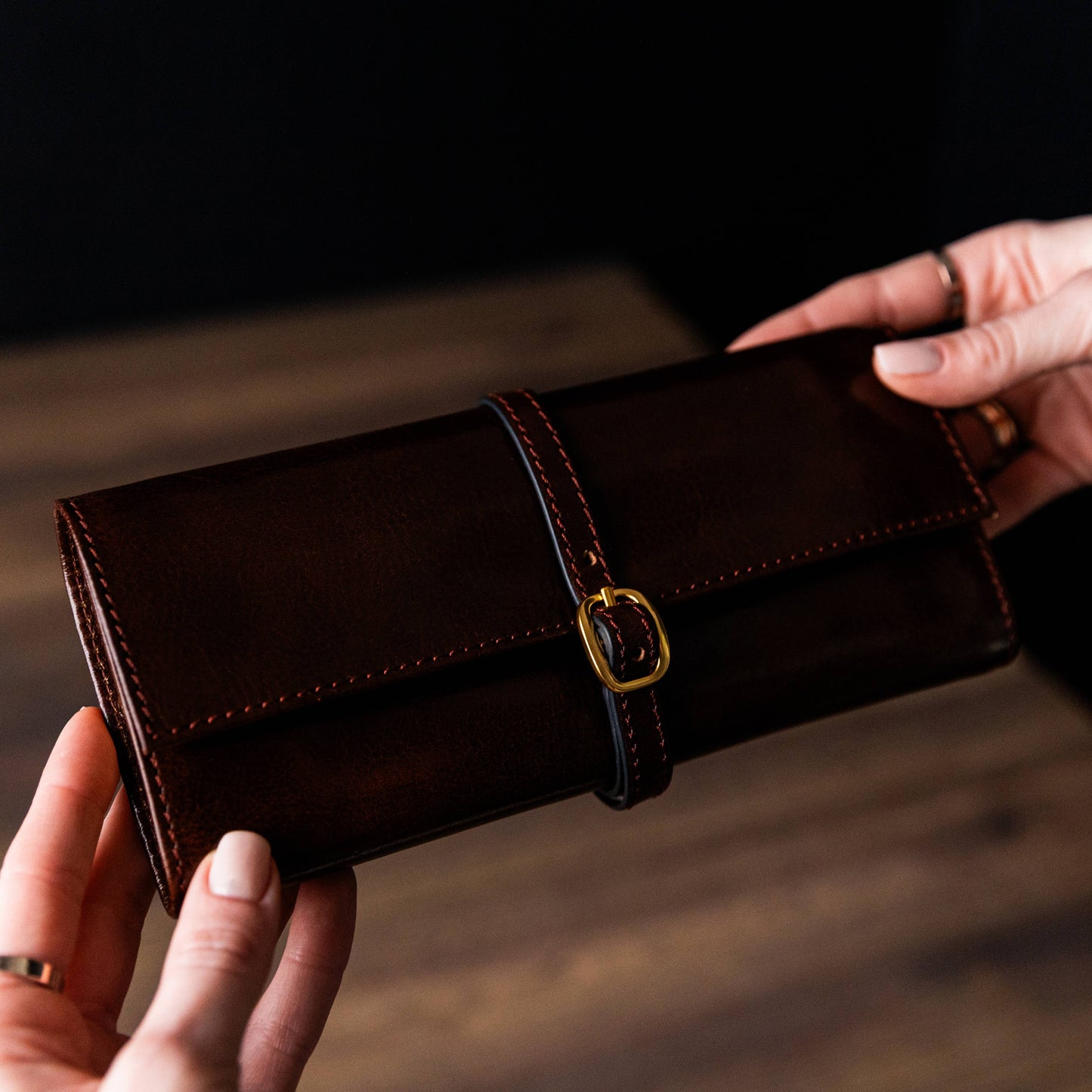 Leather Jewelry Roll Travel Case