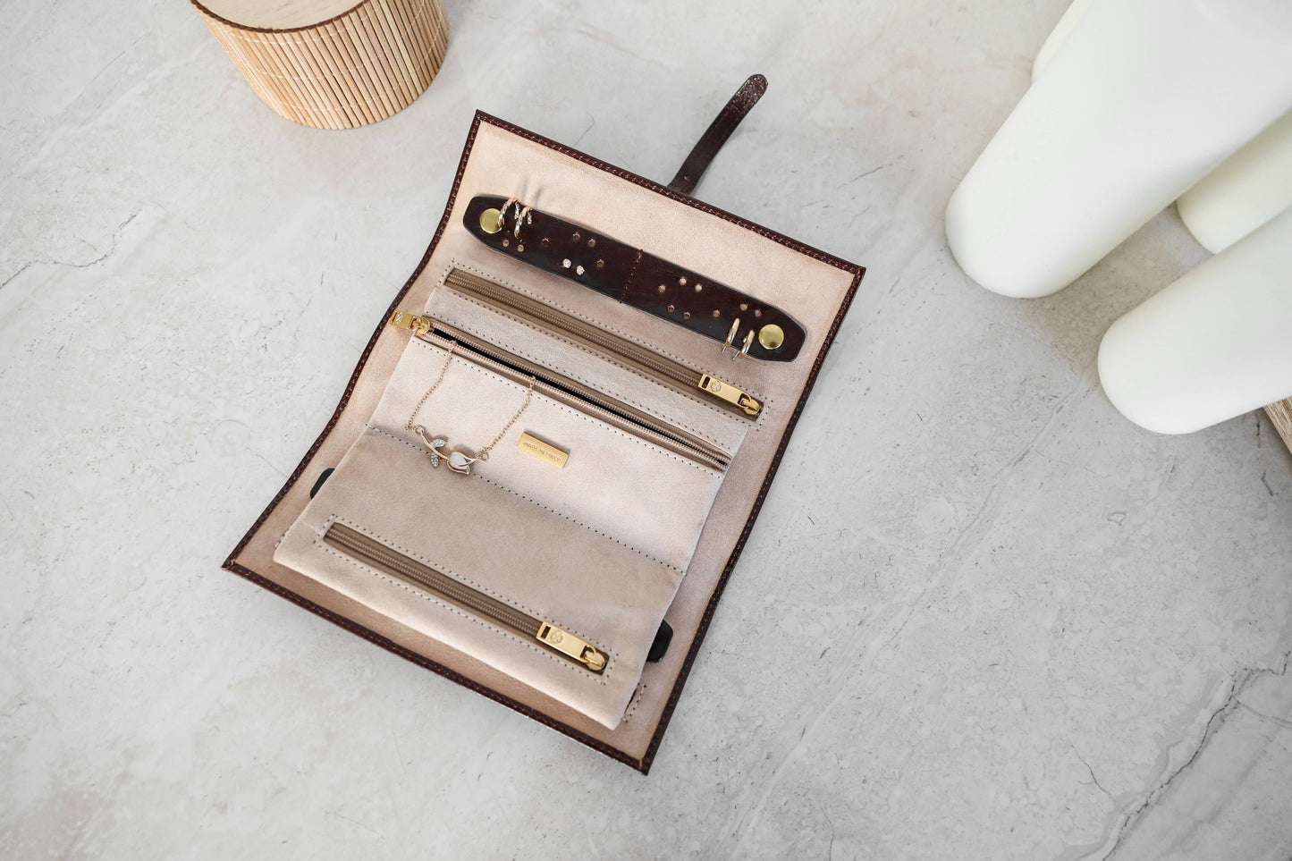 Leather Jewelry Roll Travel Case