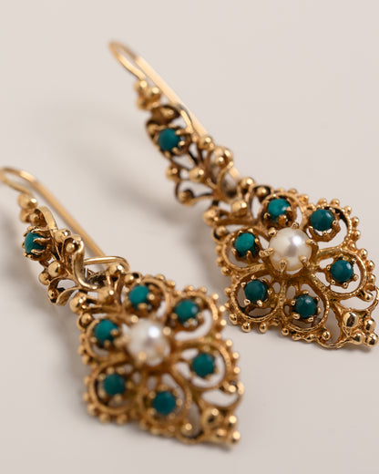 Vintage Turquoise and Pearl Dangle Earrings