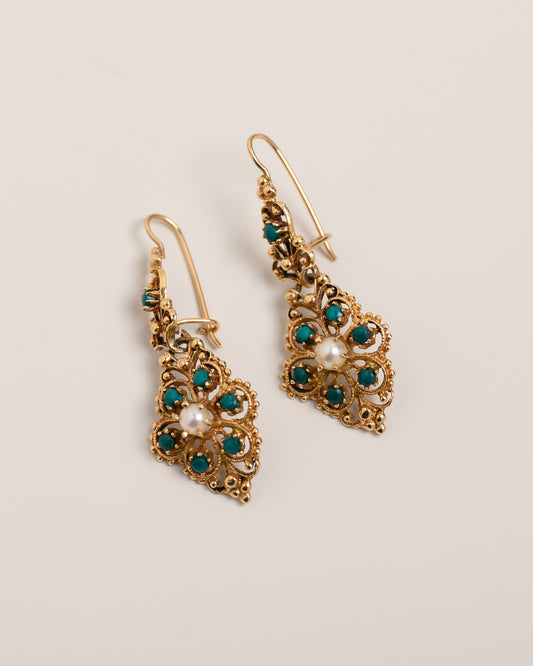 Vintage Turquoise and Pearl Dangle Earrings