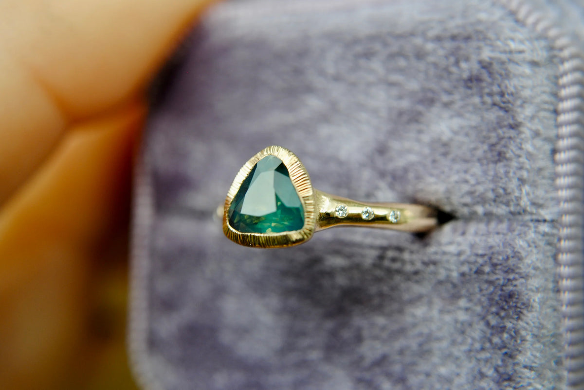 Triangle Teal Opalescent Sapphire & Diamond Ring