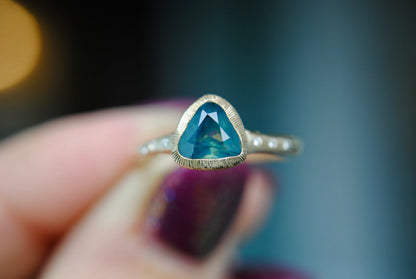 Triangle Teal Opalescent Sapphire & Diamond Ring