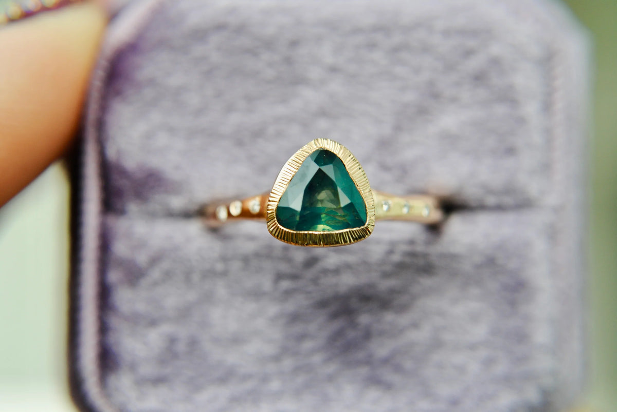 Triangle Teal Opalescent Sapphire & Diamond Ring