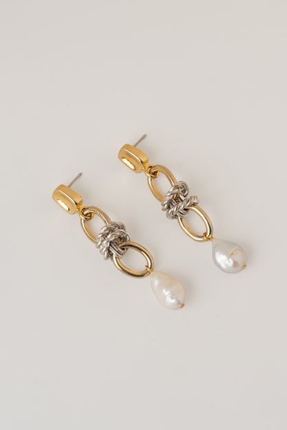 Mixed Metal Drop Pearl Earrings