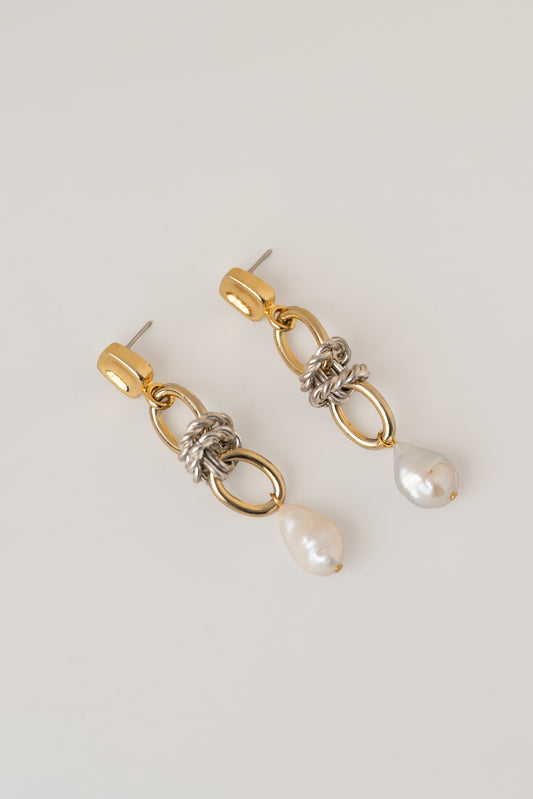 Mixed Metal Drop Pearl Earrings