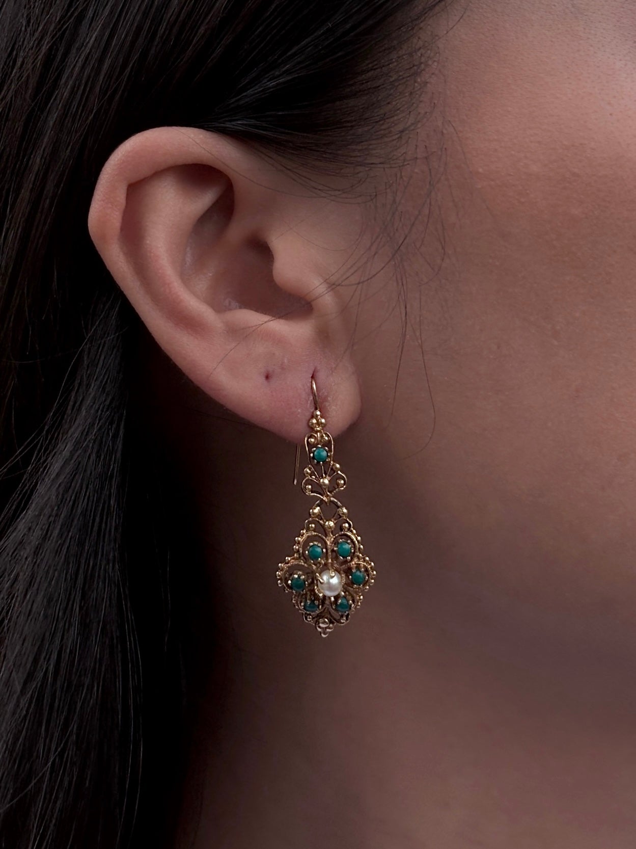 Vintage Turquoise and Pearl Dangle Earrings