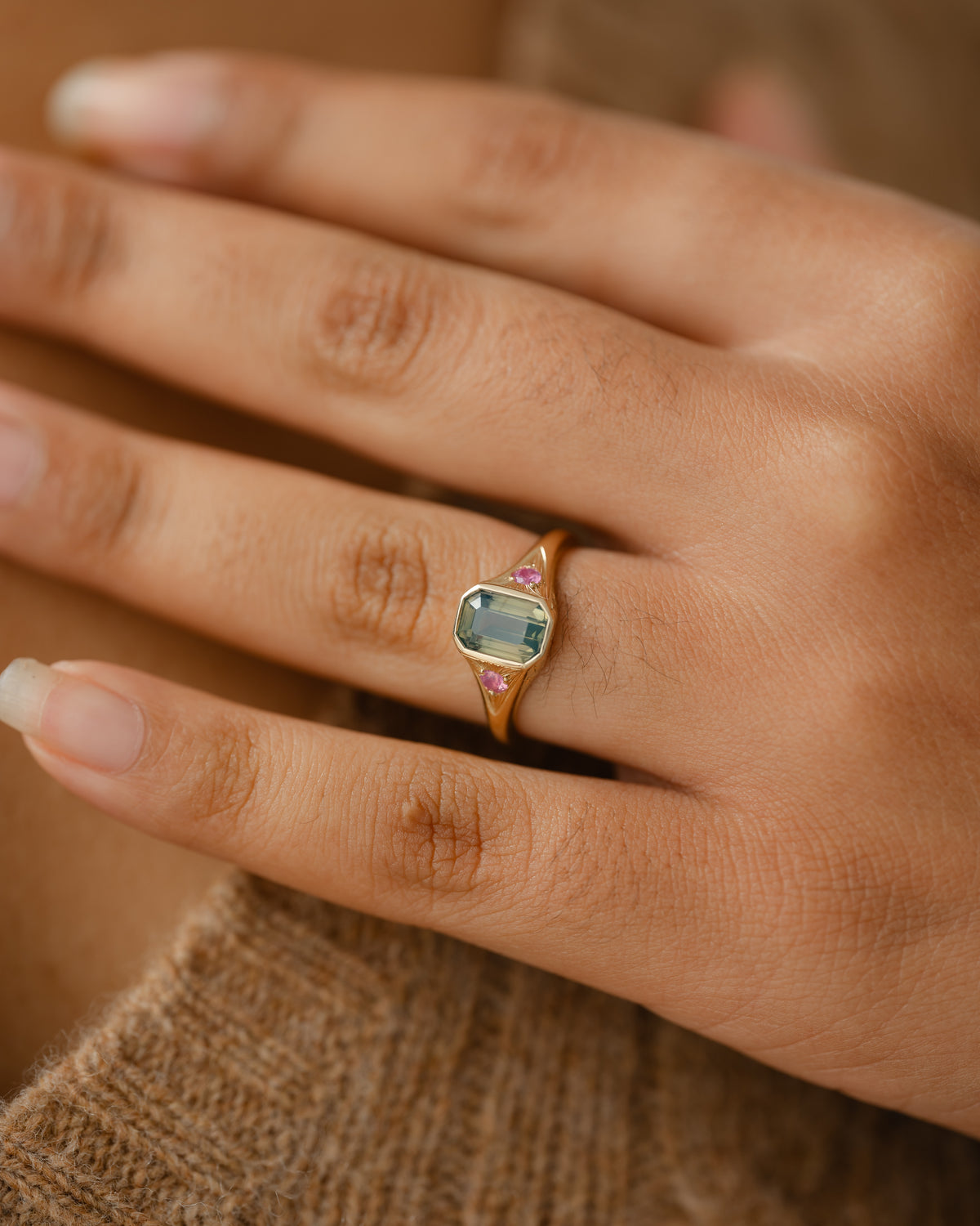 Teal & Pink Sapphire Signet Ring