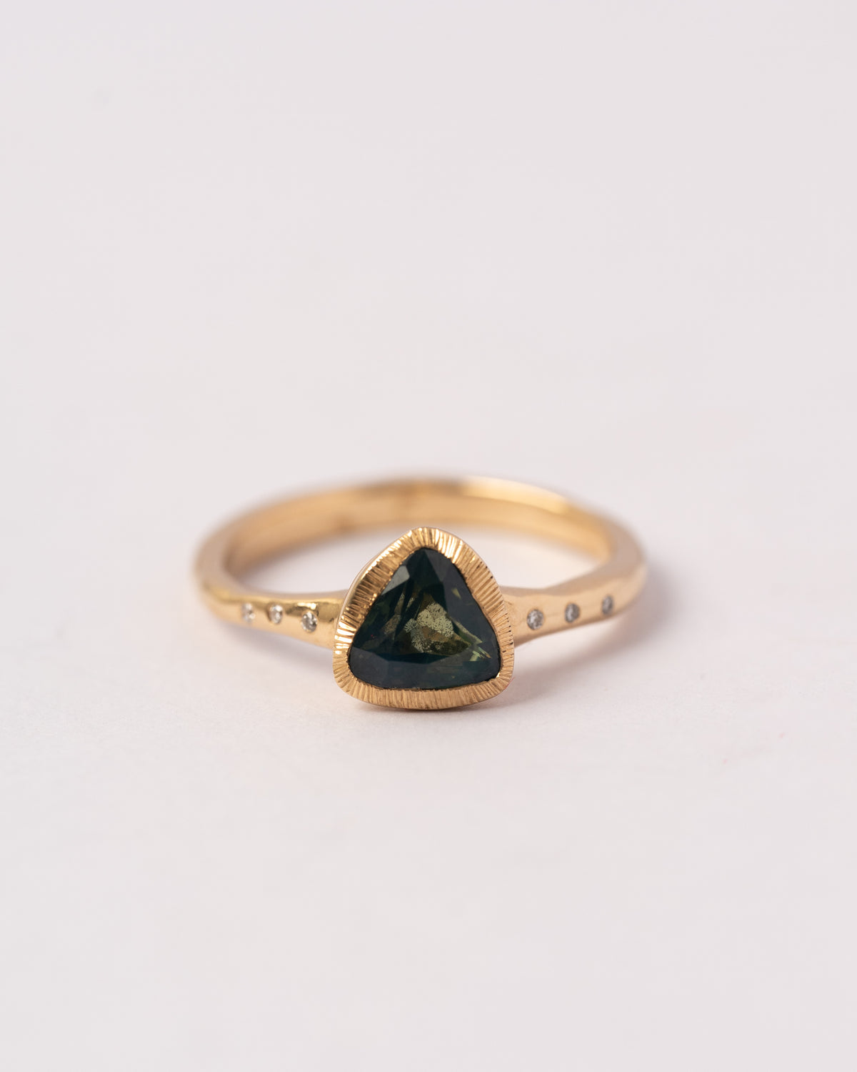 Triangle Teal Opalescent Sapphire & Diamond Ring