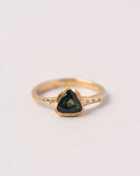 Triangle Teal Opalescent Sapphire & Diamond Ring