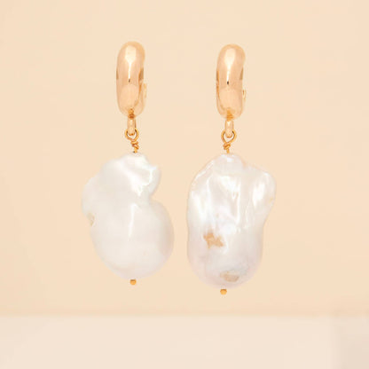 Gold Baroque Pearl Hoop Earrings