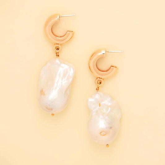 Gold Baroque Pearl Hoop Earrings