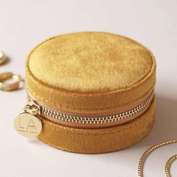 Mustard Round Velvet Jewellery Case with Floral Lining